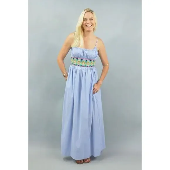 Ck Bradley | Dresses | Ck Bradley Lard Dress Dune Berry Resort Wear  Embroidered Blue Maxi Size M | Poshmark